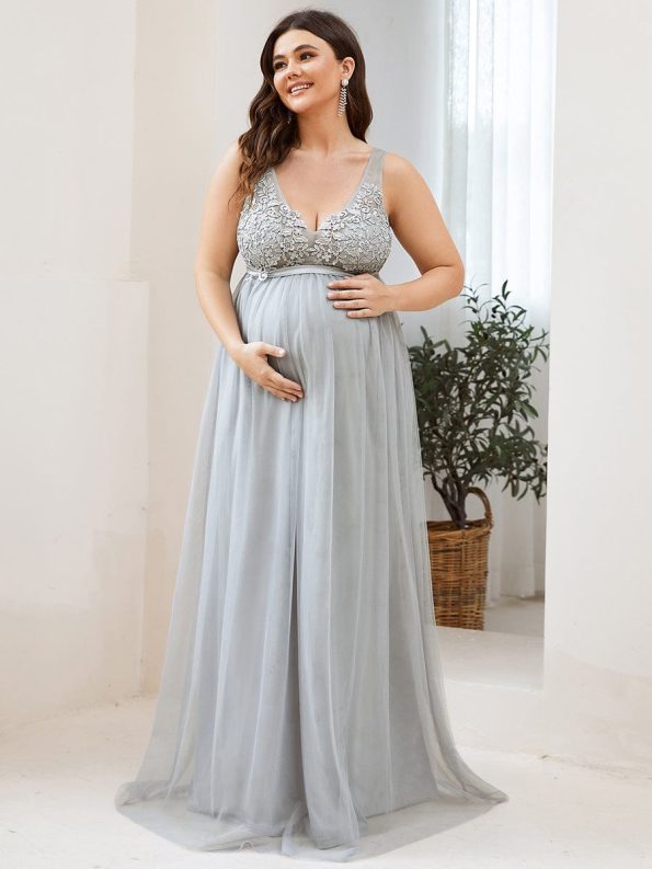 Double V-Neck Lace Bodice Long Flowy Maternity Dress - Grey