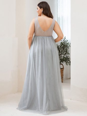 Plus Size Double V-Neck Lace Bodice Long Flowy Maternity Dress - Grey