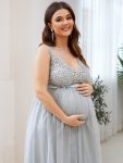 Double V-Neck Lace Bodice Long Flowy Maternity Dress – Grey