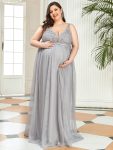 Plus Size Double V-Neck Lace Bodice Long Flowy Maternity Dress – Grey