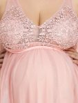 Plus Size Double V-Neck Lace Bodice Long Flowy Maternity Dress – Pink