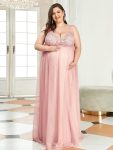 Plus Size Double V-Neck Lace Bodice Long Flowy Maternity Dress – Pink