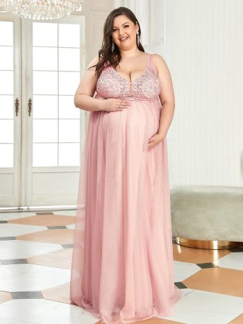 Plus Size Double V-Neck Lace Bodice Long Flowy Maternity Dress - Pink