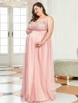 Plus Size Double V-Neck Lace Bodice Long Flowy Maternity Dress – Pink