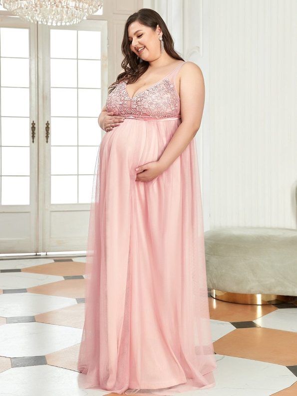 Plus Size Double V-Neck Lace Bodice Long Flowy Maternity Dress - Pink