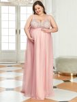 Plus Size Double V-Neck Lace Bodice Long Flowy Maternity Dress – Pink