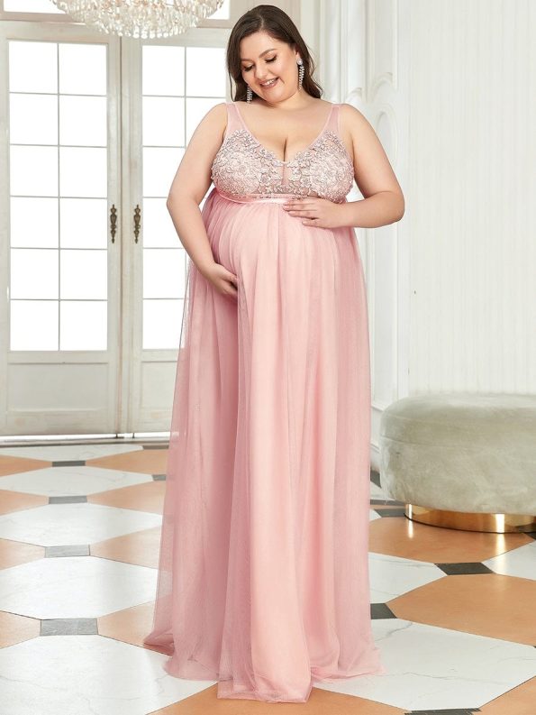 Plus Size Double V-Neck Lace Bodice Long Flowy Maternity Dress - Pink