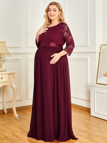 Plus Size Long Lace Sleeve Maternity Formal Dresses - Burgundy