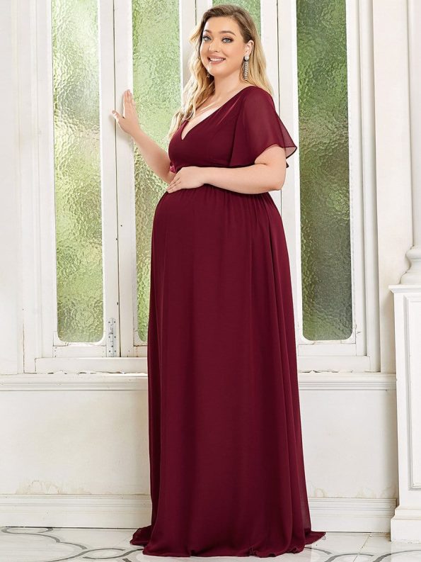 Plus Size Floral Print V-Neck Short Sleeve Ruffle Maternity Dress - Burgundy