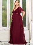 Plus Size Floral Print V-Neck Short Sleeve Ruffle Maternity Dress – Burgundy