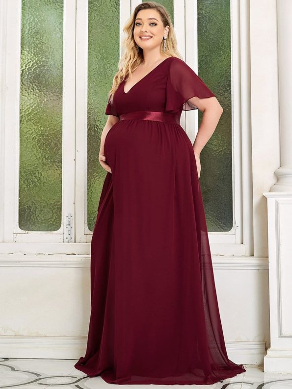 Plus Size Floral Print V-Neck Short Sleeve Ruffle Maternity Dress - Burgundy