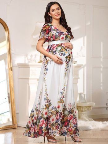 Floral Print V-Neck Short Sleeve Ruffle Maternity Dress - Printed Cream