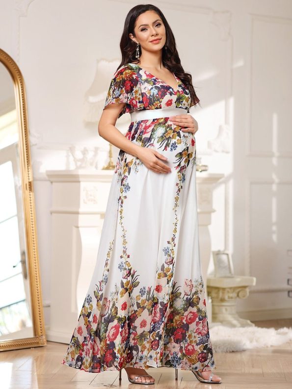 Floral Print V-Neck Short Sleeve Ruffle Maternity Dress - Printed Cream