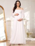 Off-Shoulder Sheer Lace Long Sleeve Maternity Dress – Cream