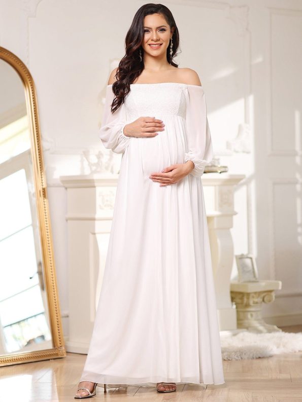 Off-Shoulder Sheer Lace Long Sleeve Maternity Dress - Cream