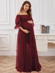 Sheer Off-Shoulder Double Skirt Maxi Maternity Dress – Burgundy