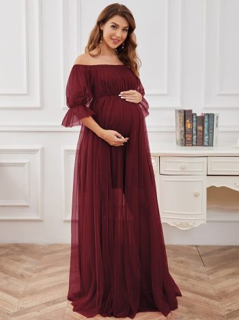 Sheer Off-Shoulder Double Skirt Maxi Maternity Dress - Burgundy