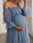 Sheer Off-Shoulder Double Skirt Maxi Maternity Dress – Dusty Navy