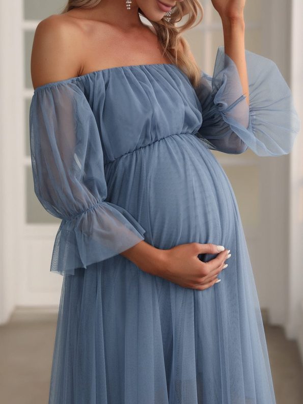 Sheer Off-Shoulder Double Skirt Maxi Maternity Dress - Dusty Navy