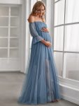 Sheer Off-Shoulder Double Skirt Maxi Maternity Dress – Dusty Navy