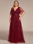 Romantic Shimmery V Neck Ruffle Sleeves Maxi Long Evening Gowns – Burgundy