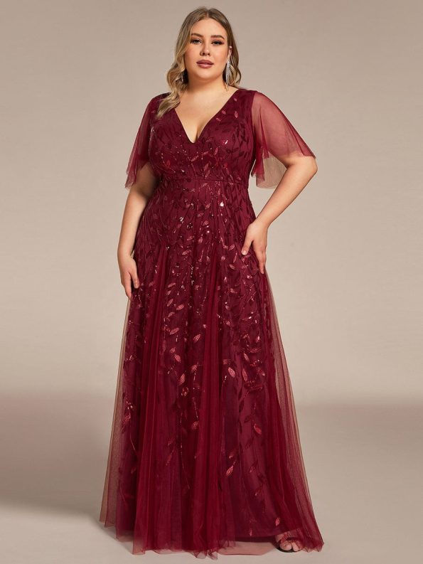 Romantic Shimmery V Neck Ruffle Sleeves Maxi Long Evening Gowns - Burgundy