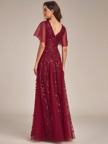 Romantic Shimmery V Neck Ruffle Sleeves Maxi Long Evening Gowns - Burgundy