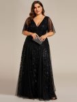 Romantic Shimmery V Neck Ruffle Sleeves Maxi Long Evening Gowns – Black