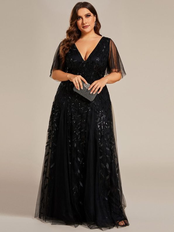 Romantic Shimmery V Neck Ruffle Sleeves Maxi Long Evening Gowns - Black