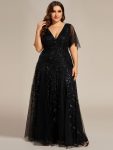 Romantic Shimmery V Neck Ruffle Sleeves Maxi Long Evening Gowns – Black