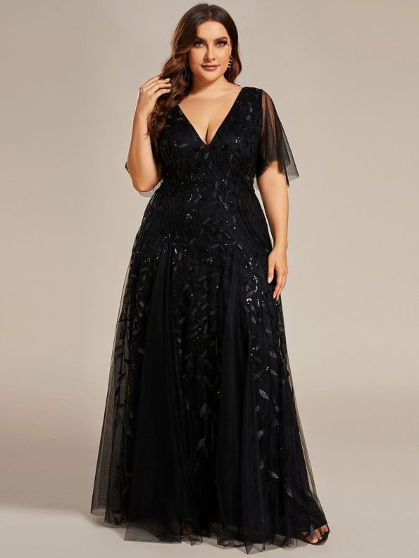 Romantic Shimmery V Neck Ruffle Sleeves Maxi Long Evening Gowns - Black