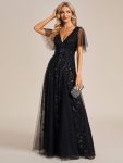 Romantic Shimmery V Neck Ruffle Sleeves Maxi Long Evening Gowns - Black