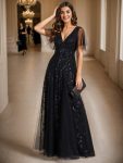 Romantic Shimmery V Neck Ruffle Sleeves Maxi Long Evening Gowns – Black