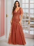 Romantic Shimmery V Neck Ruffle Sleeves Maxi Long Evening Gowns – Burnt Orange