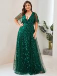 Romantic Shimmery V Neck Ruffle Sleeves Maxi Long Evening Gowns – Dark Green