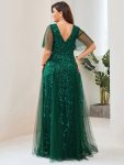 Romantic Shimmery V Neck Ruffle Sleeves Maxi Long Evening Gowns – Dark Green