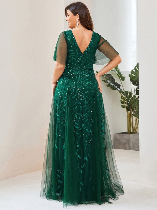 Romantic Shimmery V Neck Ruffle Sleeves Maxi Long Evening Gowns - Dark Green