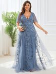 Romantic Shimmery V Neck Ruffle Sleeves Maxi Long Evening Gowns – Dusty Navy