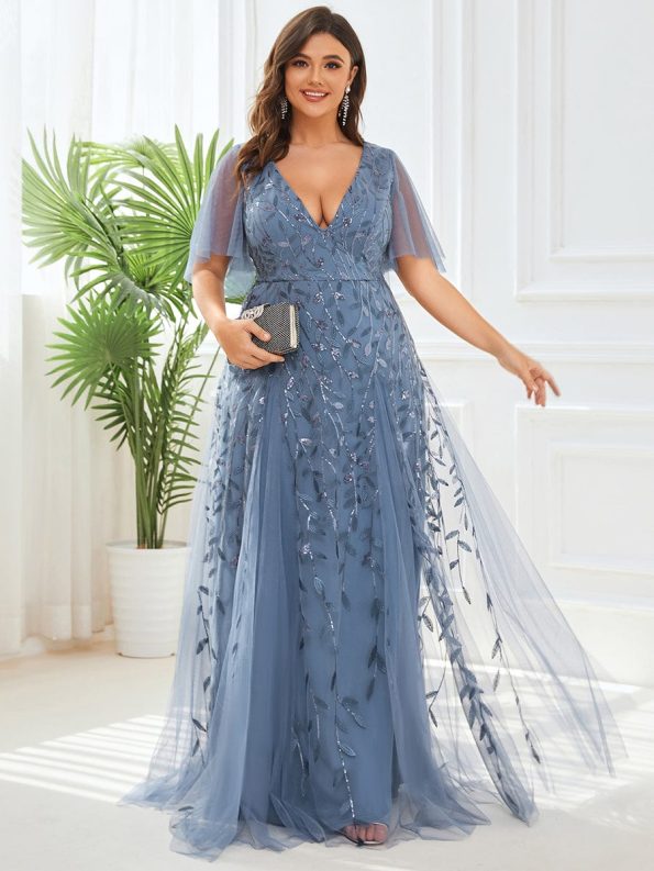 Romantic Shimmery V Neck Ruffle Sleeves Maxi Long Evening Gowns - Dusty Navy