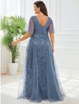 Romantic Shimmery V Neck Ruffle Sleeves Maxi Long Evening Gowns – Dusty Navy