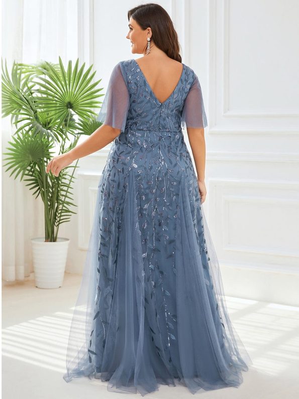 Romantic Shimmery V Neck Ruffle Sleeves Maxi Long Evening Gowns - Dusty Navy