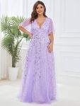 Romantic Shimmery V Neck Ruffle Sleeves Maxi Long Evening Gowns – Lavender