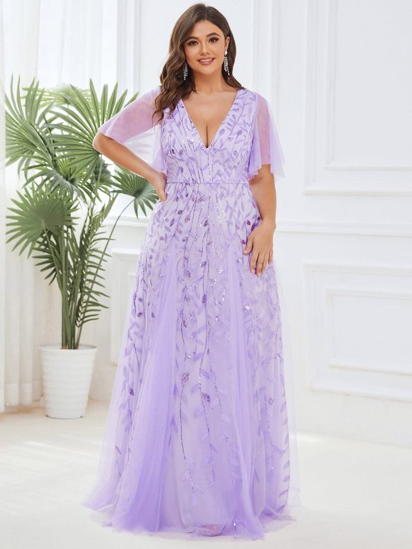 Romantic Shimmery V Neck Ruffle Sleeves Maxi Long Evening Gowns - Lavender