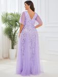 Romantic Shimmery V Neck Ruffle Sleeves Maxi Long Evening Gowns – Lavender