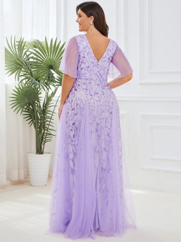 Romantic Shimmery V Neck Ruffle Sleeves Maxi Long Evening Gowns - Lavender