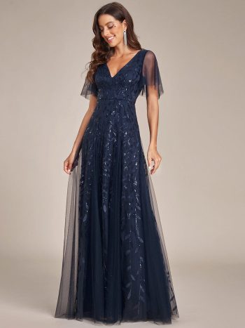 Romantic Shimmery V Neck Ruffle Sleeves Maxi Long Evening Gowns - Navy Blue