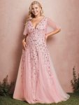 Romantic Shimmery V Neck Ruffle Sleeves Maxi Long Evening Gowns – Pink