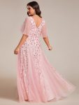 Romantic Shimmery V Neck Ruffle Sleeves Maxi Long Evening Gowns – Pink