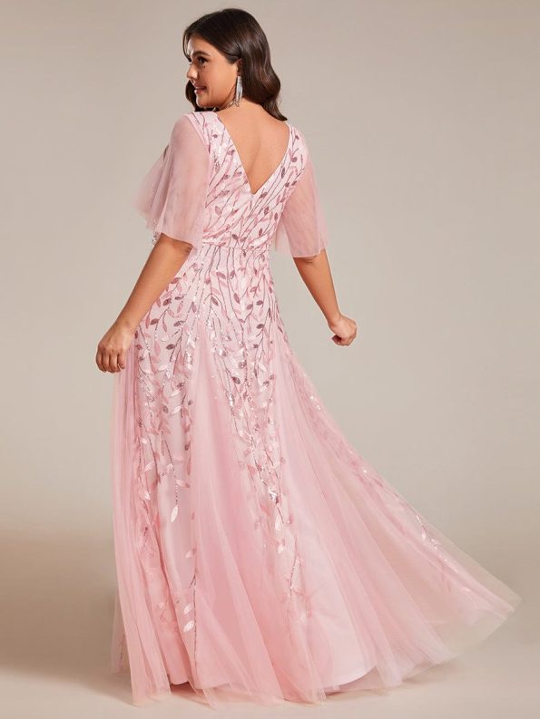 Romantic Shimmery V Neck Ruffle Sleeves Maxi Long Evening Gowns - Pink