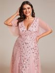 Romantic Shimmery V Neck Ruffle Sleeves Maxi Long Evening Gowns – Pink